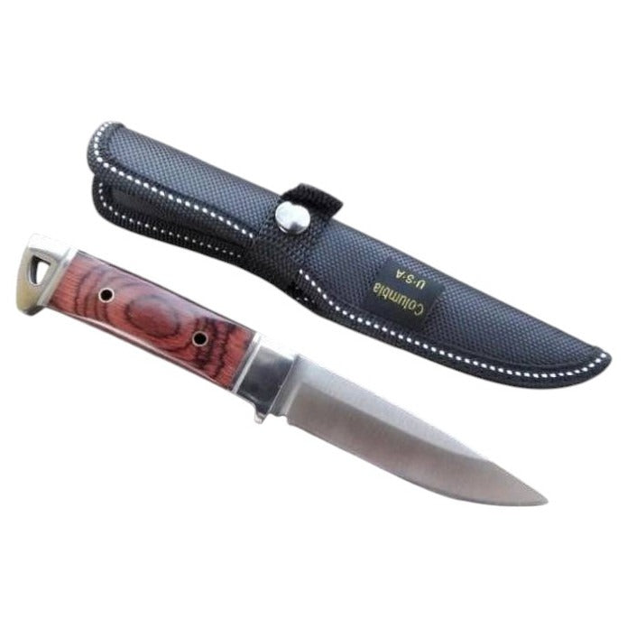 Cutit din Otel Inoxidabil , Maner din Lemn de Trandafir Rosu, cu Teaca Portabila, 19 cm, Lama 9.5 cm