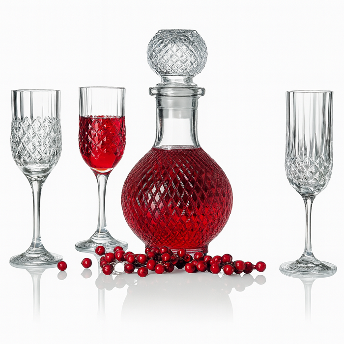 Set decantor rotund 1.2L cu 6 pahare 200 ml, sticla