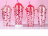 Pahar din plastic cu capac bombat si pai, color, 450 ml
