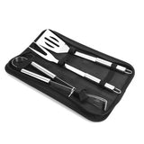 Set 3 ustensile pentru gratar, Inox, Husa, Negru/Argintiu