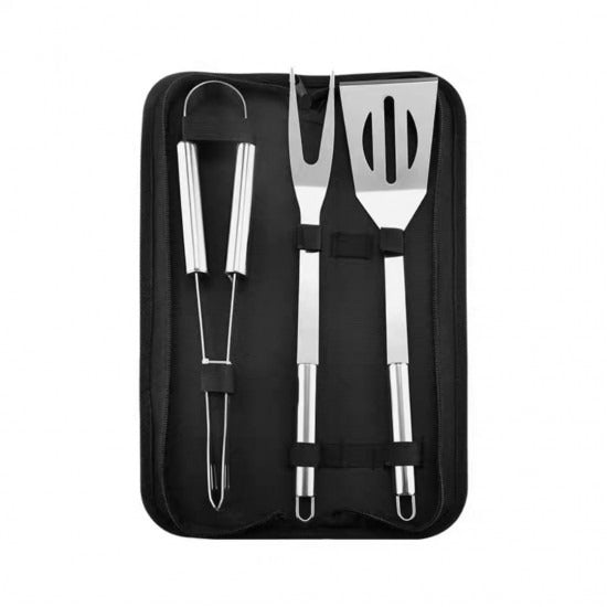 Set 3 ustensile pentru gratar, Inox, Husa, Negru/Argintiu