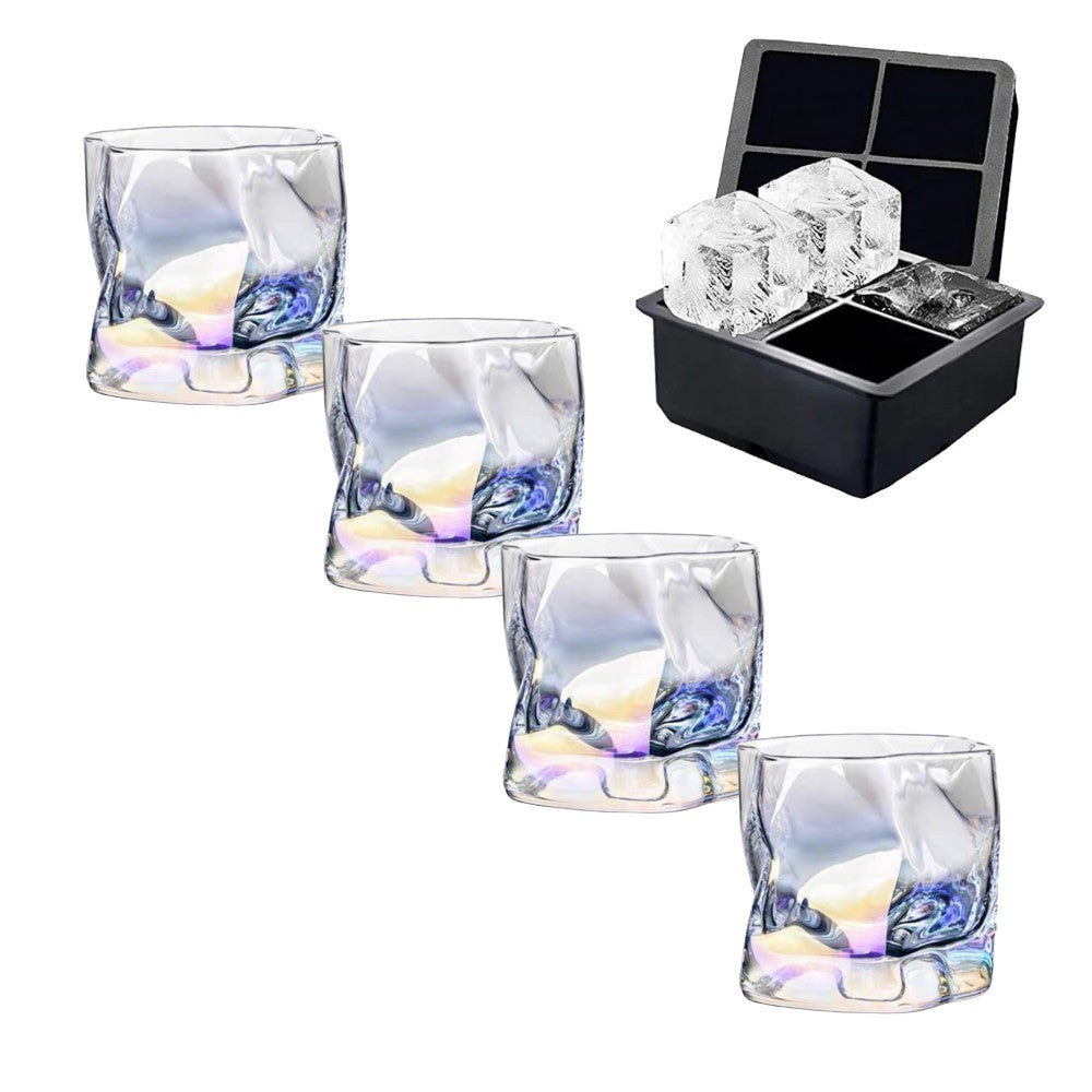 Set 4 pahare pentru Whisky, Sticla, Curcubeu, 250 ml + Forma cu 4 Cuburi /Sfere Gheata