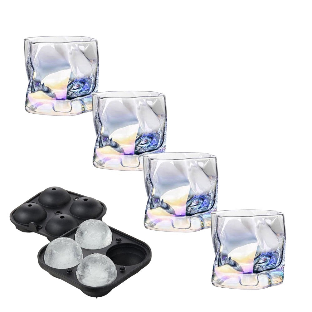 Set 4 pahare pentru Whisky, Sticla, Curcubeu, 250 ml + Forma cu 4 Cuburi /Sfere Gheata