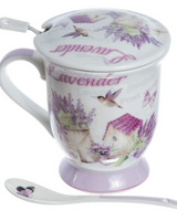 Cana din ceramica cu capac, lingurita si infuzor metalic , model Lavanda, 300 ml