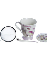Cana din ceramica cu capac, lingurita si infuzor metalic , model Lavanda, 300 ml