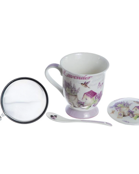 Cana din ceramica cu capac, lingurita si infuzor metalic , model Lavanda, 300 ml