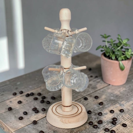Suport din lemn,27 cm ,6 cesti 50 ml din Sticla