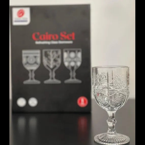 Set 6 pahare din sticla transparenta, cu model, cu picior, 300 ml