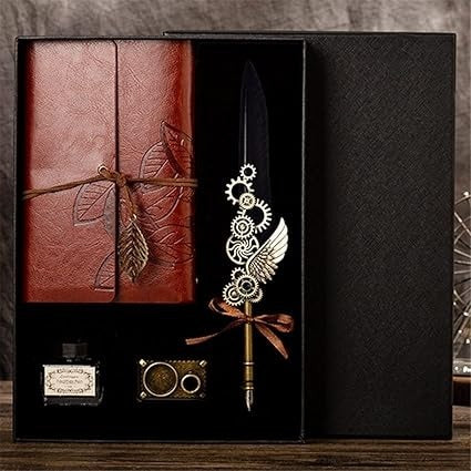 Set Stilou Caligrafie cu Pana si Ornamente Metalice, Agenda, Calimara si Suport de Birou