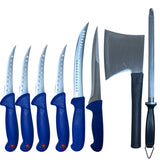 Set 8 Piese Macelarie,6 Cutite ,Satar cu Maner din Cauciuc si Masat