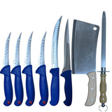 Set 8 Piese Macelarie,6 Cutite ,Satar cu Maner din Lemn 33 cm si Masat cu Maner din Lemn 40 cm