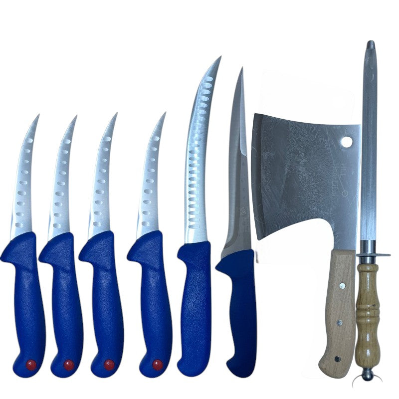 Set 8 Piese Macelarie,6 Cutite ,Satar cu Maner din Lemn 30 cm si Masat cu Maner din Lemn 40 cm
