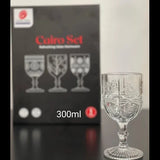 Set 6 pahare din sticla transparenta, cu model, cu picior, 300 ml