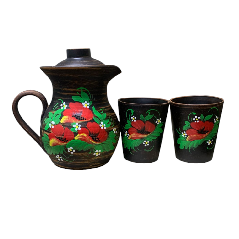 Set Ulcioras cu capac Angob lut rosu 1.7 L si 2 pahare  , Model Floral