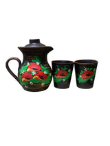 Set Ulcioras cu capac Angob lut rosu 1.7 L si 2 pahare  , Model Floral