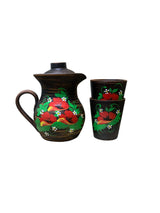 Set Ulcioras cu capac Angob lut rosu 1.7 L si 2 pahare  , Model Floral