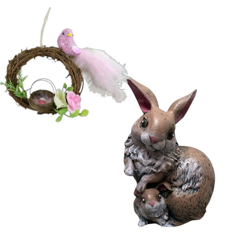 Set Figurina de Gradina Iepuroaica cu pui si Coronita decorativa impletita