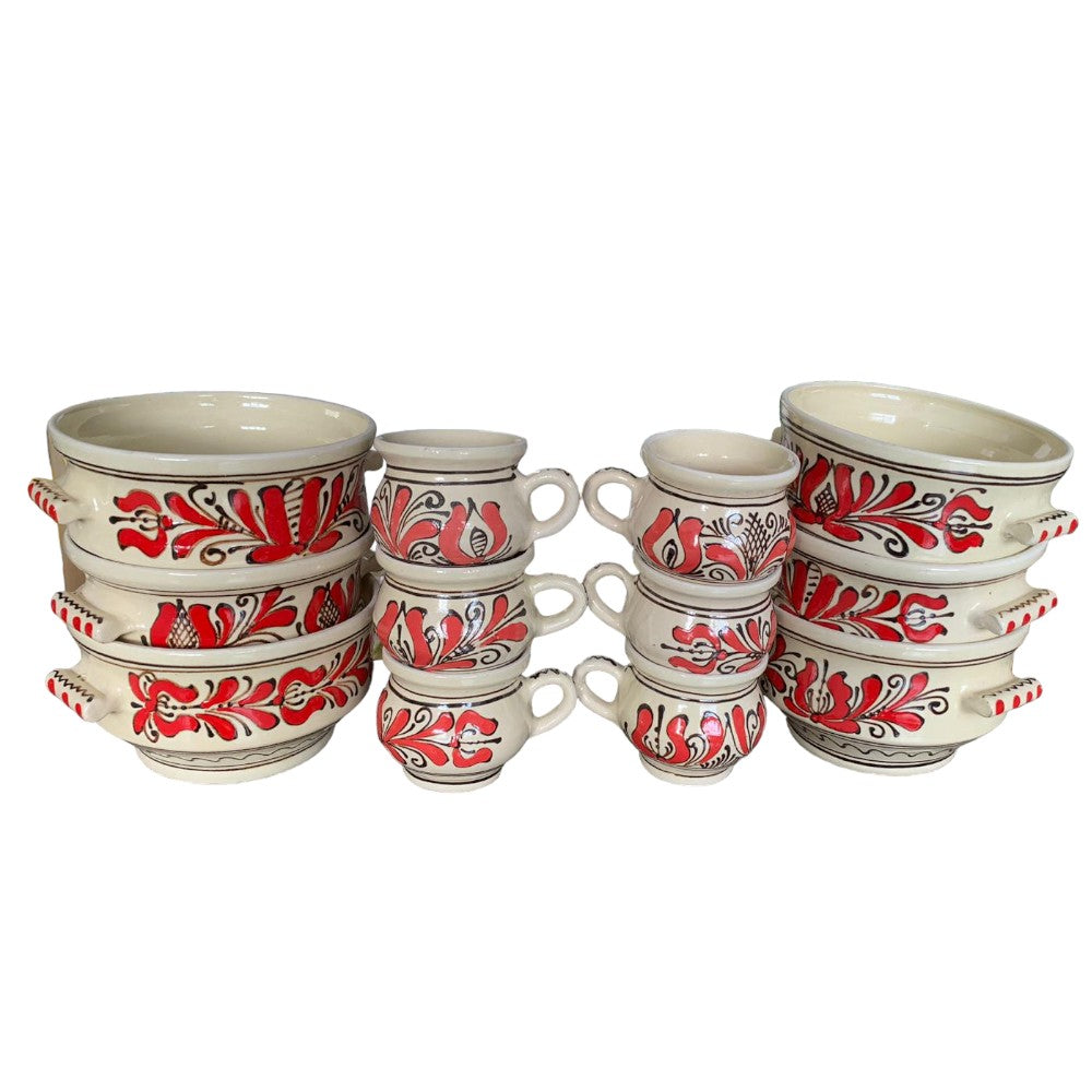 Set 6 Cani 150 ml si 6 Boluri cu Manere 700 ml, Traditionale , Pictate Manual