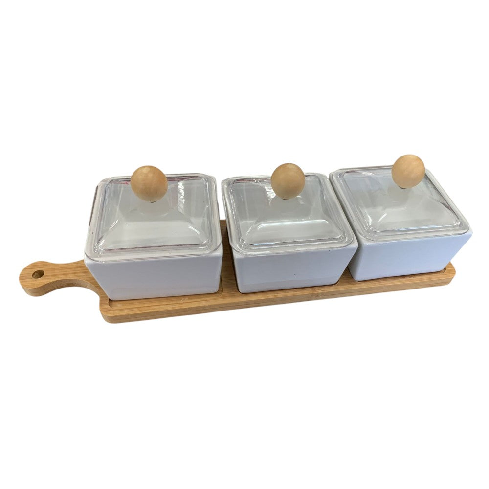 Set 3 recipiente ceramica cu capac plastic , Suport Bambus , 33x10 cm