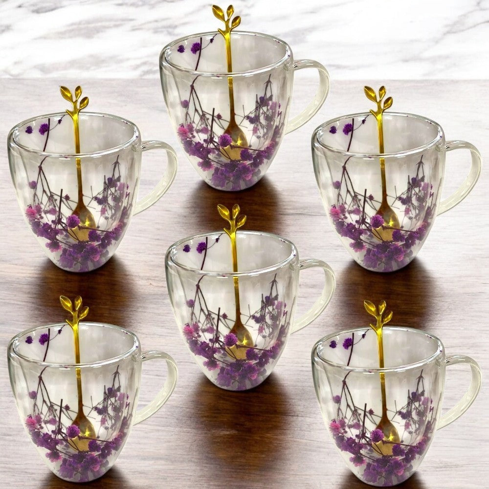 Set 6 Cani cu Pereti Dubli din sticla termorezistenta  , Flori Multicolore 350 ml si 6 Lingurite Aurii