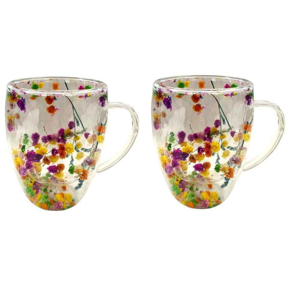Set 2 Cani cu Pereti Dubli din sticla termorezistenta  , Flori Multicolore 350 ml
