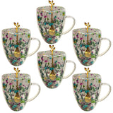 Set 6 Cani cu Pereti Dubli din sticla termorezistenta  , Flori Multicolore 350 ml si 6 Lingurite Aurii