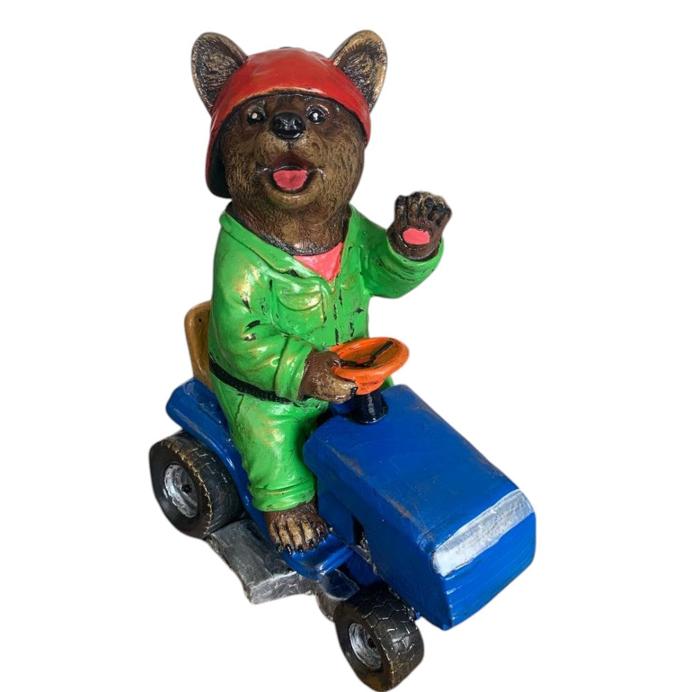 Decoratiune/Figurina de  gradina ursulet cu tractor, Ceramica,Pictat , 35 cm