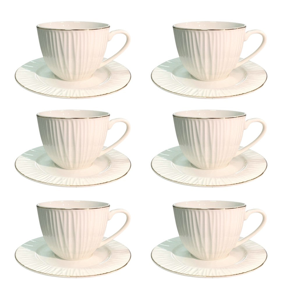 Set de 6 cesti si 6 farfurii , 250 ml, Luxury Collection , Alb - Margine Aurie