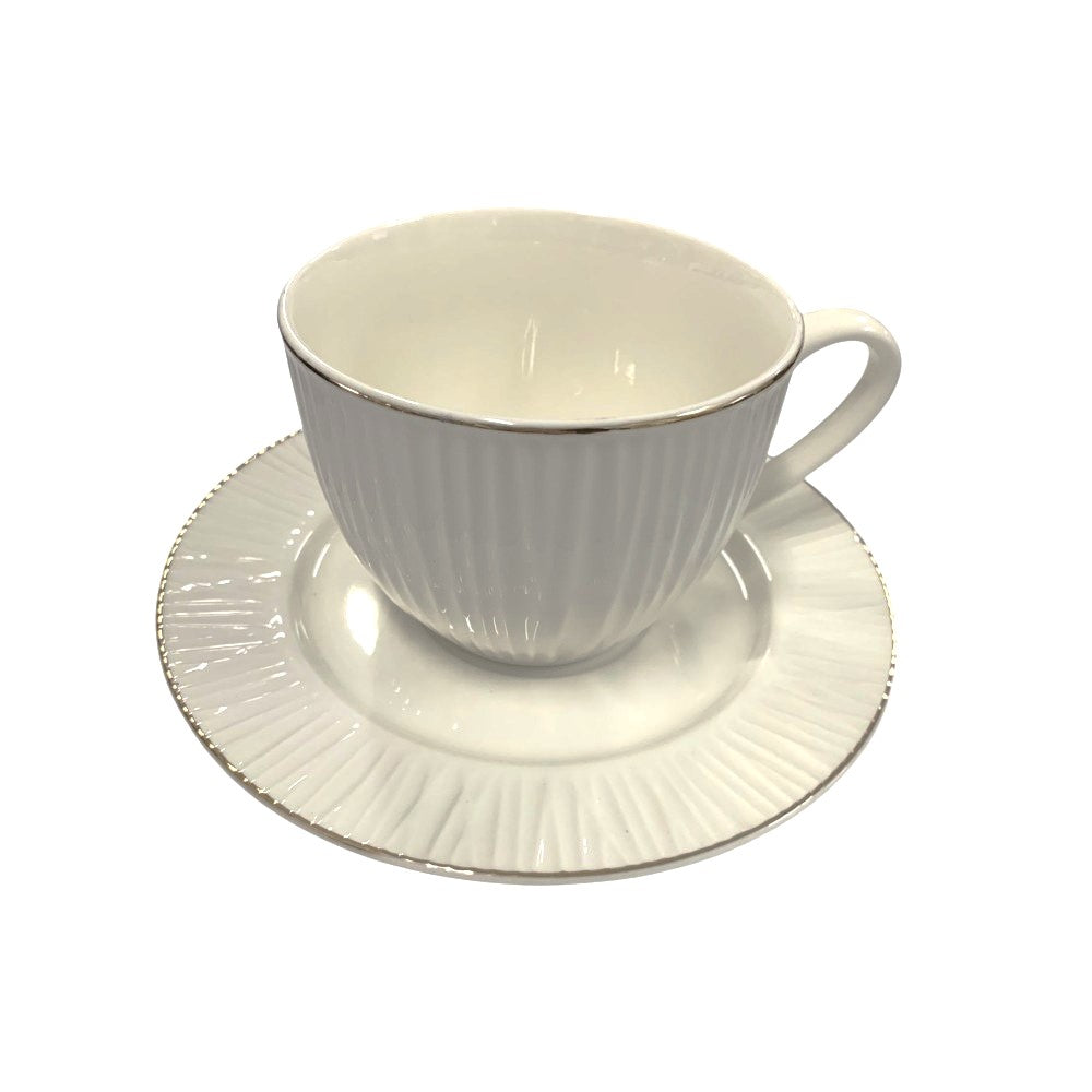 Set de 6 cesti si 6 farfurii , 250 ml, Luxury Collection , Alb - Margine Aurie