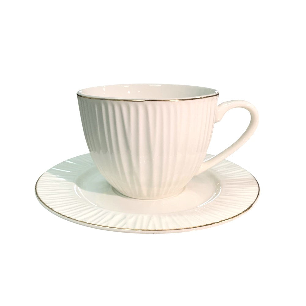 Set de 6 cesti si 6 farfurii , 250 ml, Luxury Collection , Alb - Margine Aurie
