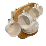 Set 6 Cesti 220/150 ml si 6 Farfurii portelan pe Suport de Bambus, Diverse Modele