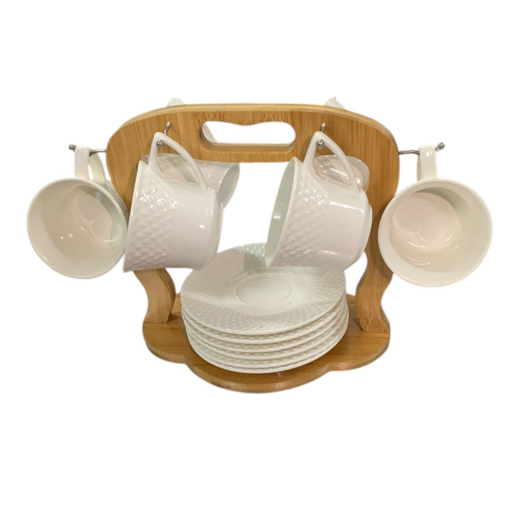 Set 6 Cesti 220/150 ml si 6 Farfurii portelan pe Suport de Bambus, Diverse Modele