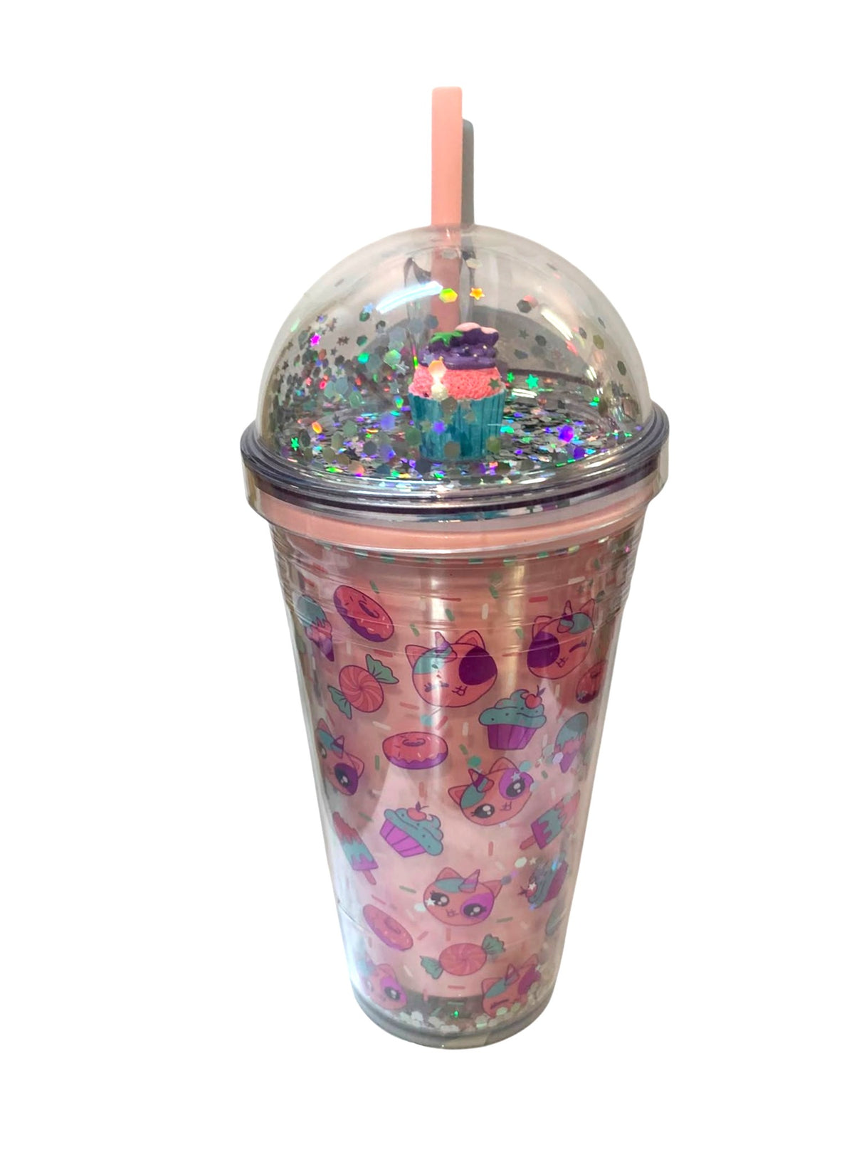 Pahar din plastic cu capac bombat si pai, color, 450 ml