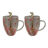Set 2 Cani cu Pereti Dubli din sticla termorezistenta , Flori Multicolore 350 ml si 2 Lingurite Aurii