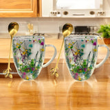 Set 2 Cani cu Pereti Dubli din sticla termorezistenta , Flori Multicolore 350 ml si 2 Lingurite Aurii