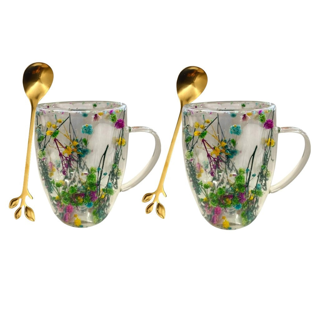 Set 2 Cani cu Pereti Dubli din sticla termorezistenta , Flori Multicolore 350 ml si 2 Lingurite Aurii