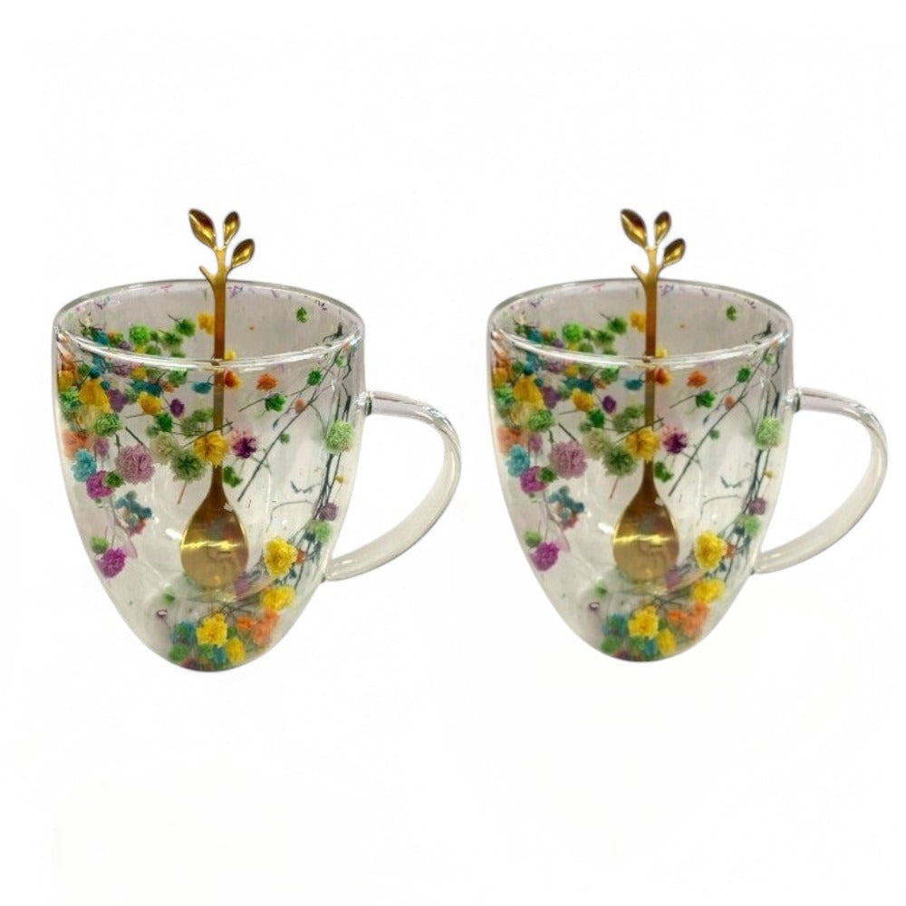 Set 2 Cani cu Pereti Dubli din sticla termorezistenta , Flori Multicolore 350 ml si 2 Lingurite Aurii