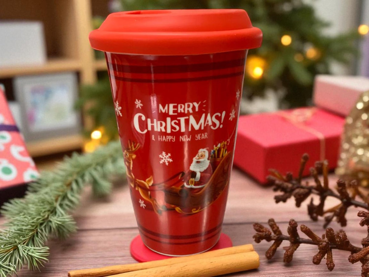 Pahar Ceramic cu Capac Silicon tip Termos, in cutie, Model Mos Craciun