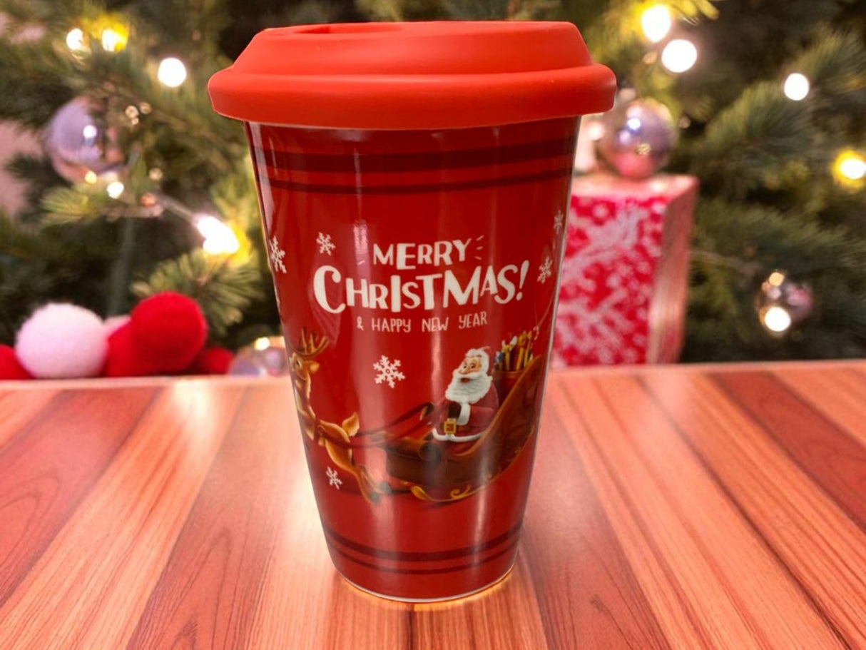 Pahar Ceramic cu Capac Silicon tip Termos, in cutie, Model Mos Craciun