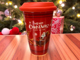 Pahar Ceramic cu Capac Silicon tip Termos, in cutie, Model Mos Craciun