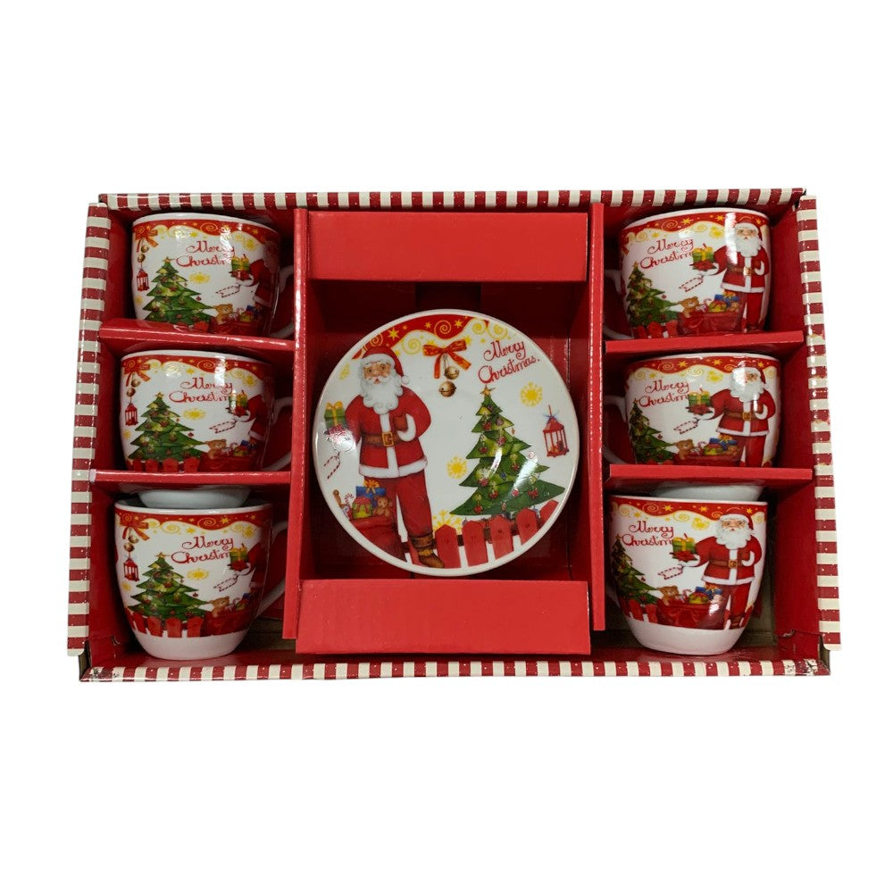 Set 6 Cesti Espresso si 6 Farfurioare, Model Craciun , Ceramica, Cutie Cadou,100 ml