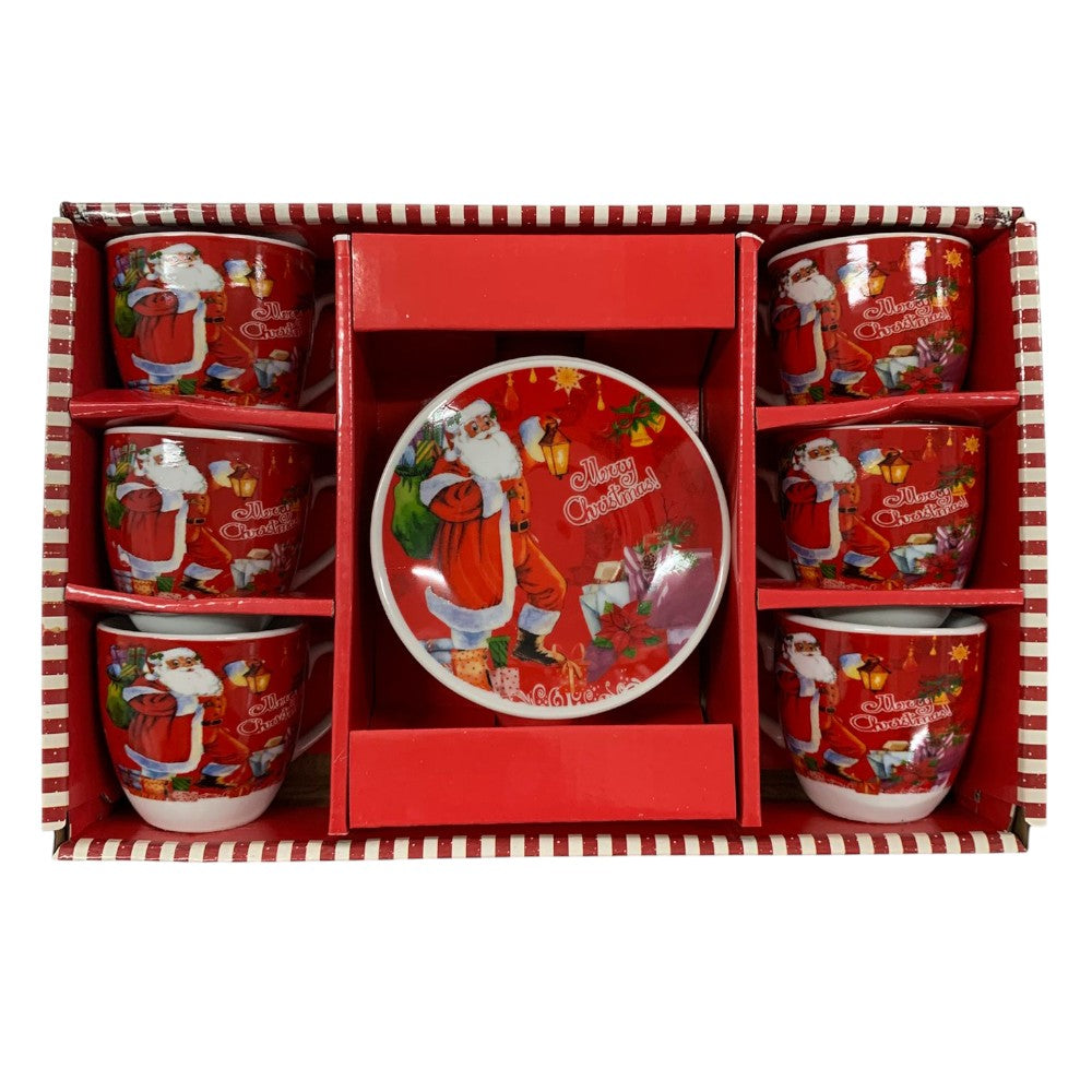 Set 6 Cesti Espresso si 6 Farfurioare, Model Craciun , Ceramica, Cutie Cadou,100 ml