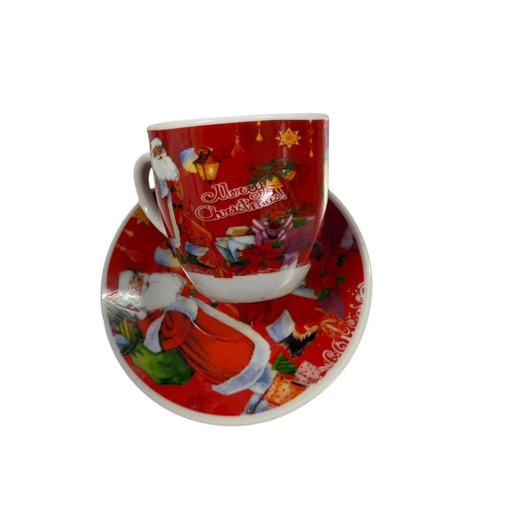 Set 6 Cesti Espresso si 6 Farfurioare, Model Craciun , Ceramica, Cutie Cadou,100 ml