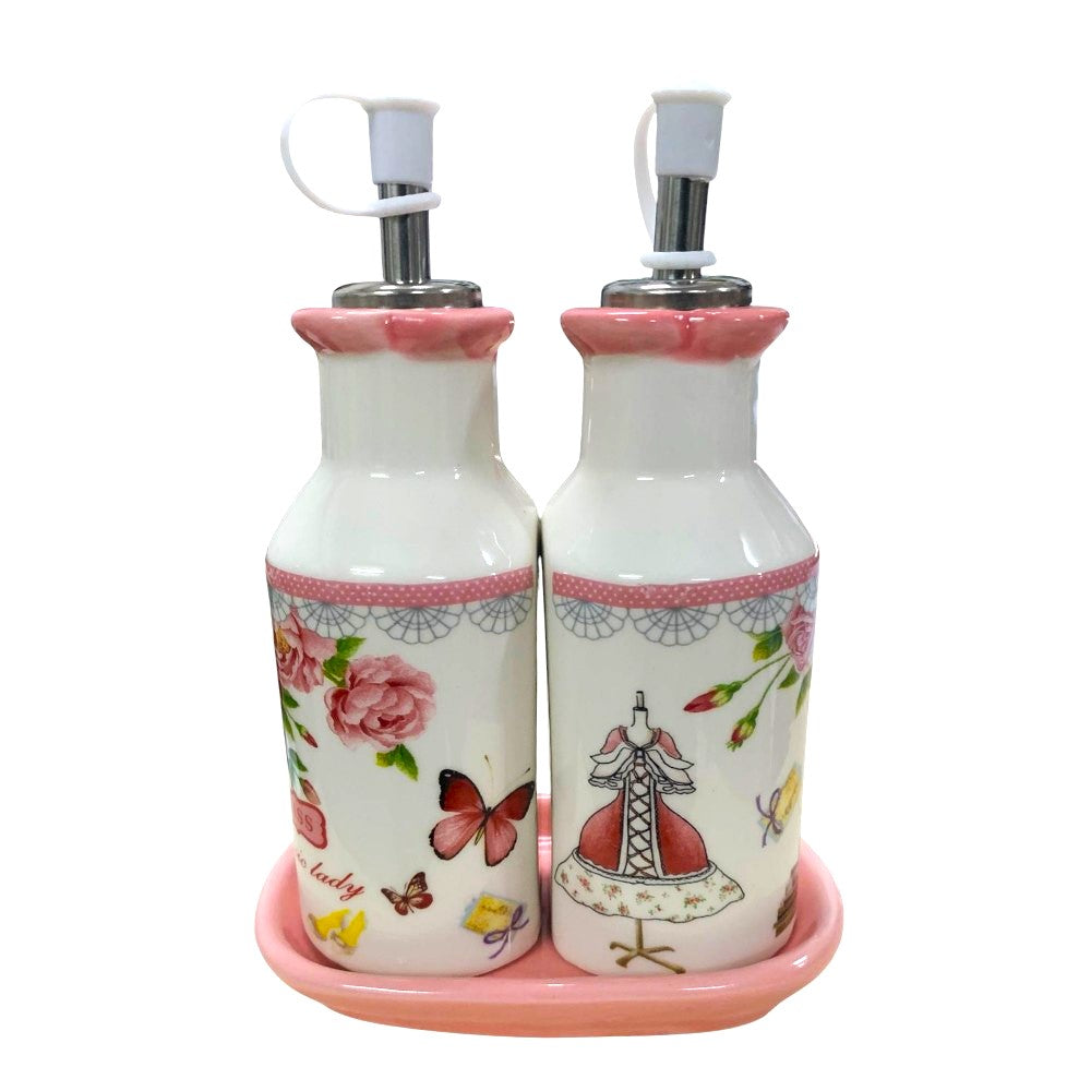 Set Oliviera cu 2 sticle ulei/otet Ceramica,cu picurator,16x5.5 cm