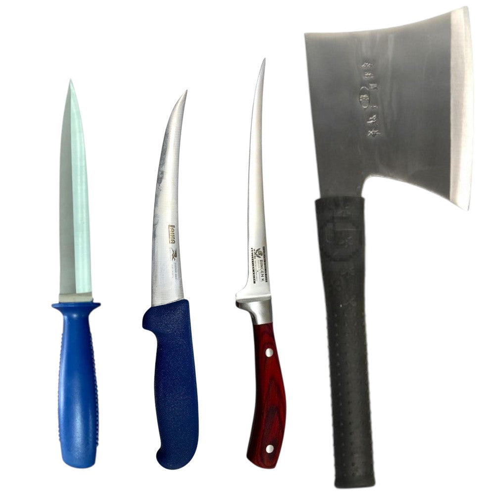 Set cutite Macelarie Injunghiat 30 cm, Dezosat 29 cm si Feliat 31 cm + Satar otel  37x15 cm