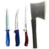 Set cutite Macelarie Injunghiat 30 cm, Dezosat 29 cm si Feliat 31 cm + Satar otel  37x15 cm