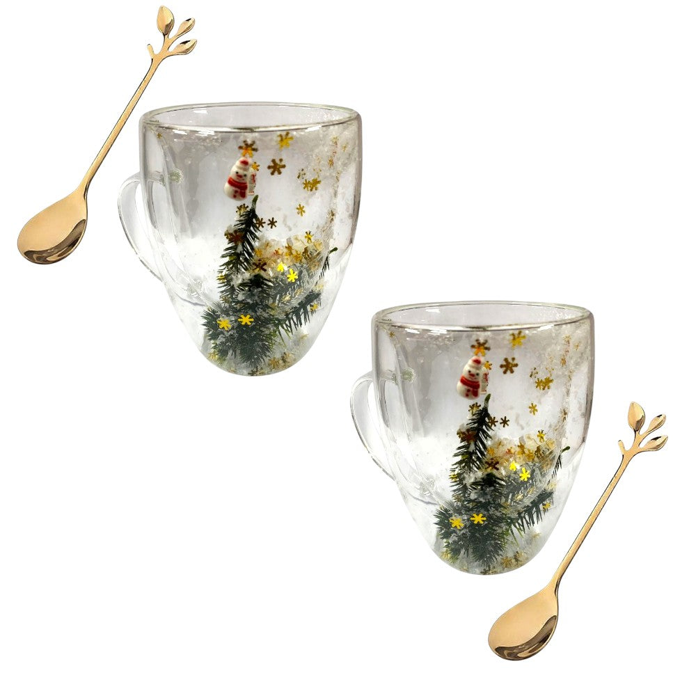 Cana cu pereti dubli , sticla termorezistenta , Model Festiv/Craciun , 350 ml