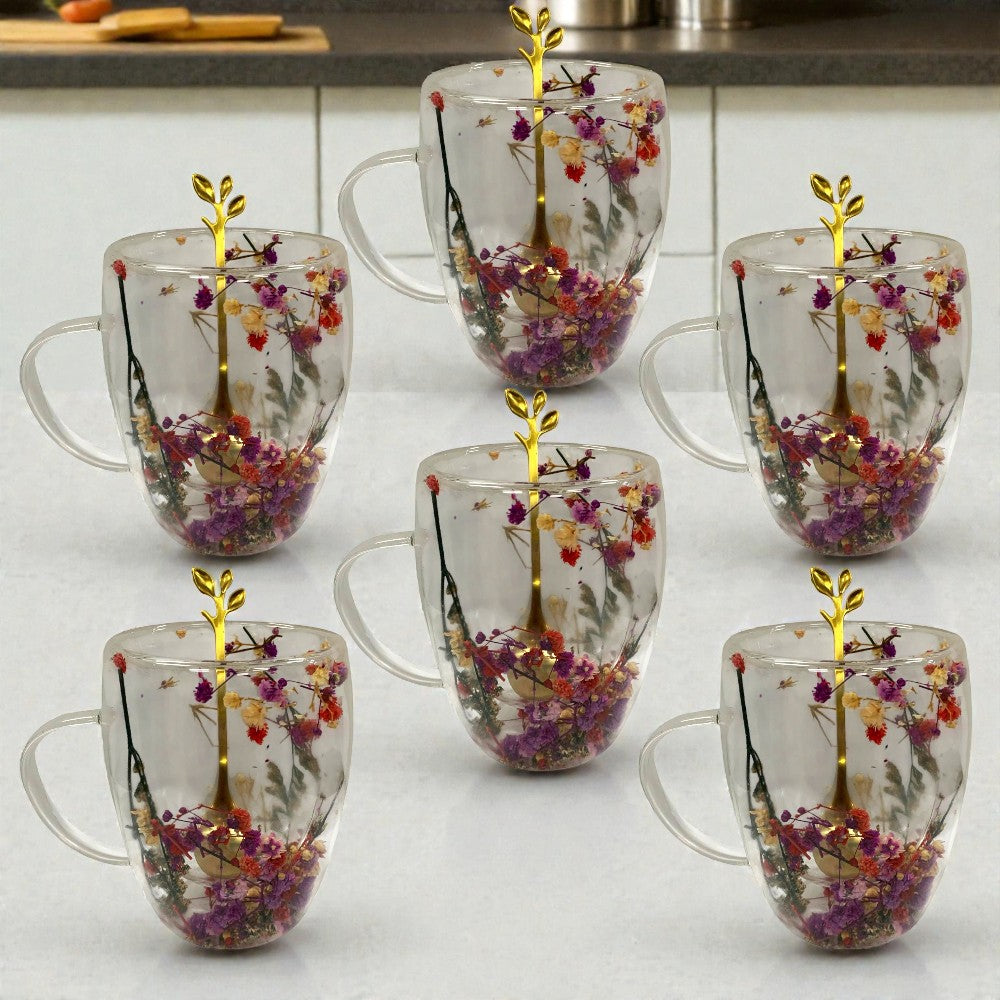 Set 6 Cani cu Pereti Dubli din sticla termorezistenta  , Flori Multicolore 350 ml si 6 Lingurite Aurii
