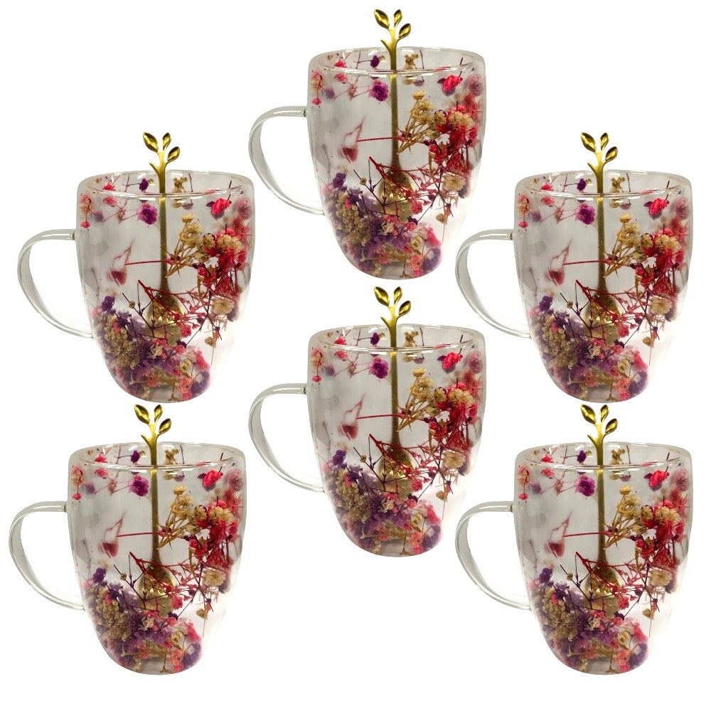 Set 6 Cani cu Pereti Dubli din sticla termorezistenta  , Flori Multicolore 350 ml si 6 Lingurite Aurii