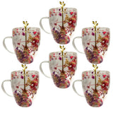 Set 6 Cani cu Pereti Dubli din sticla termorezistenta  , Flori Multicolore 350 ml si 6 Lingurite Aurii